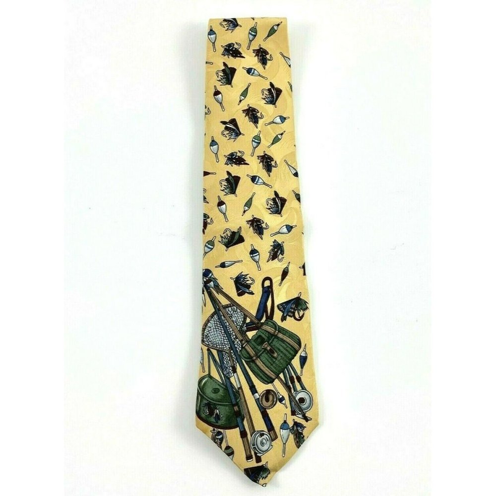 Men's Novelty Tie: Fishing Equipment. Zianetti Italian Silk Collection. Cream.